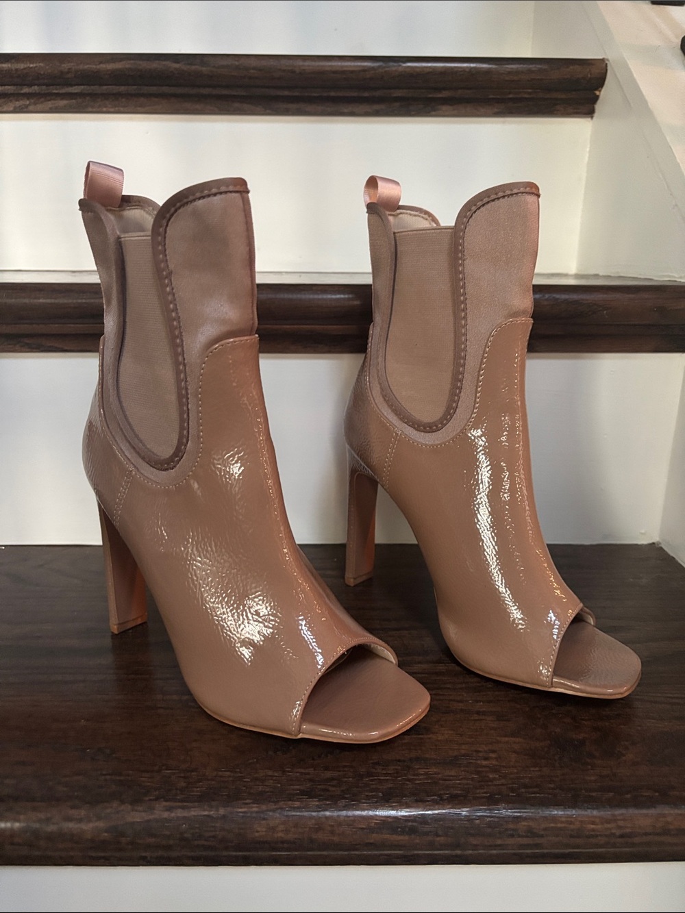 Fashion Nova Nude Patent Peep-Toe Ankle Boots